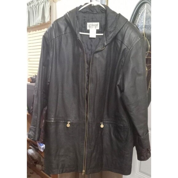 Liz Baker Essentials Womens Black Leather Hooded Zip Quilted Coat Jacket Large - Picture 1 of 8